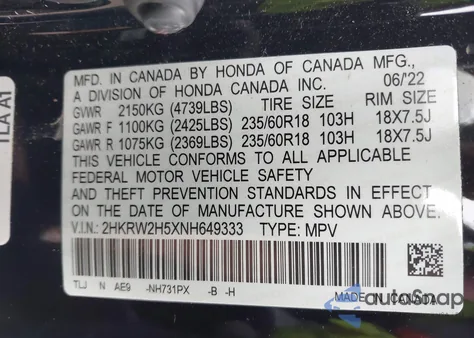 2022 Honda Cr-V Awd Ex z USA, uszkodzony, nr VIN 2HKRW2H5XNH649333